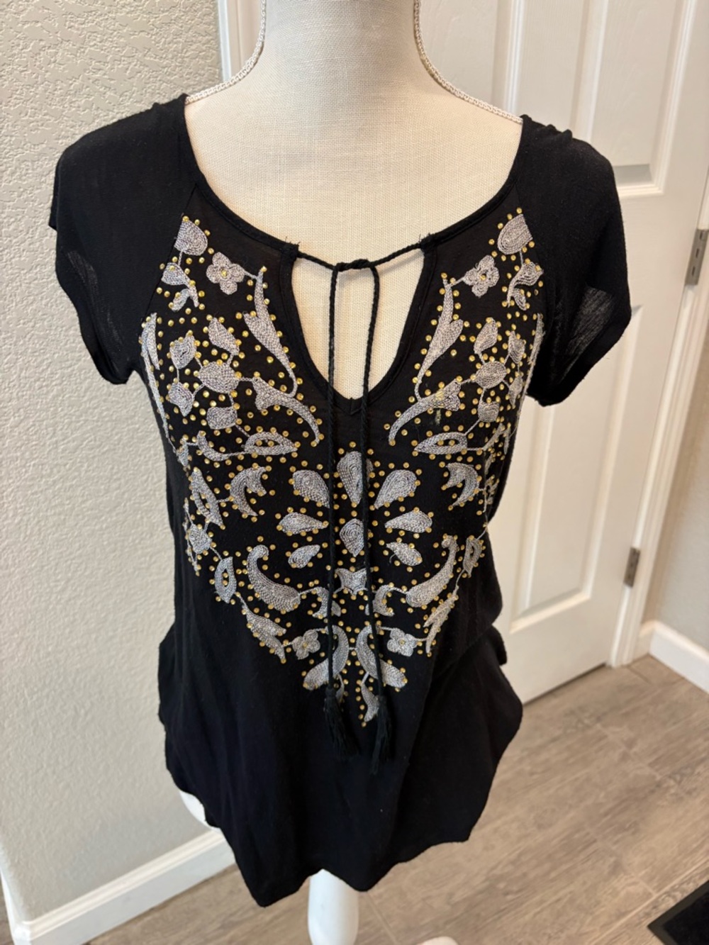 Black Short-Sleeve Embellished V-Neck Top